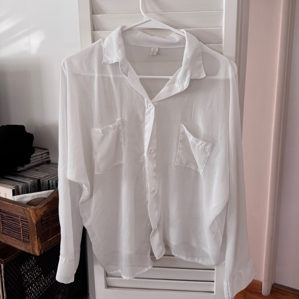White Button-Up Sheer Long Sleeve Shirt